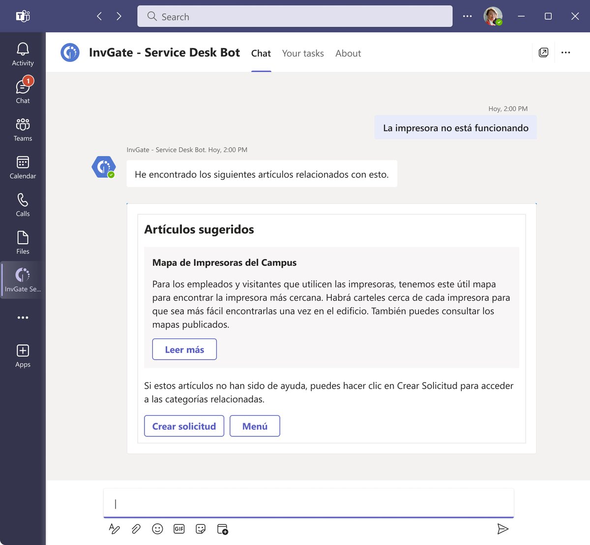 Agente Virtual de InvGate Service Management para Microsoft Teams